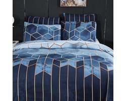 Mitchell Beddengoed, 135 x 200 cm, blauw, geruit, marmer, omkeerbaar beddengoed, geometrisch modern, microvezel dekbedovertrek met ritssluiting en 1 kussensloop, 80 x 80 cm