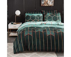 Mitchell Beddengoed, 155 x 220 cm, groen, geometrisch geruit, omkeerbaar beddengoed, marmer, modern, microvezel dekbedovertrek met ritssluiting en 1 kussensloop 80 x 80 cm