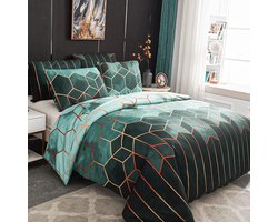 Mitchell Beddengoed, 220 x 240 cm, groen, geometrisch geruit, omkeerbaar beddengoed, marmer, modern, microvezel, tweepersoonsbed, dekbedovertrek met ritssluiting en 2 kussenslopen van 80 x