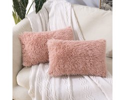 MIULEE Set van 2 kussenhoezen Kunstbont Bankkussen Decoratieve sierkussens Knuffelkussen Pluche kussen Knuffelig bankkussen Superzacht kussen Fluffy kussenhoes voor bank 40x60 cm Leer Poeder
