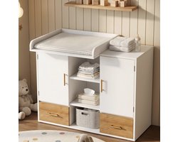 MIVRAY Babycommode – Uitneembaar Wickelgitter En Slimme Opbergruimte – 114 x 53 x 92 cm – MDF – Wit Naturel – Babykamer