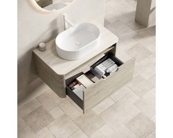 MIVRAY Badkamerkast - Hangend Badkamermeubel Met Ovale Keramische Wastafel En Lade - Voor Badkamer - Travertinlook En Beige Hout - 80x46x50,2 Cm