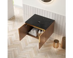 MIVRAY Badkamerkast - Zwart Gesinterd Steen Werkblad Met Dubbele Deuren - Wandhangend Voor Badkamer - Multiplex - 61 Cm - Eikenlook