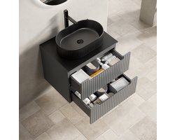 MIVRAY Badkamerkast - Zwevend Ontwerp Met Ovale Zwarte Wastafel En Twee Laden - Voor Moderne Badkamer - Multiplex En Keramiek - 60 Cm - Zwart En Donkergrijs