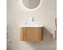 MIVRAY Badkamermeubel - Hangend Met Transparante Glazen Waskom En Softclose Lade - Voor Moderne Badkamer - Naturel Hout En Wit - 61 Cm