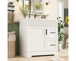 MIVRAY Badkamermeubel - Onderbouwkast Met Keramische Wastafel En Dubbele Lades - Voor Badkamer - MDF En Metaal - 81,5x47x85,5 Cm - Wit