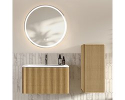 MIVRAY Badkamermeubel Set - Ronde Led Spiegel Met Hangende Onderkast En Zijdkast - Modern Voor Badkamer En Gasten Wc - Eiken Kleur - 81 Cm