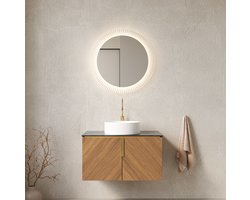 MIVRAY Badkamermeubel - Wandhangend Met Ronde Keramische Waskom En 2 Deuren - Voor Badkamer - Gesinterd Steen Bruin Eiken 76 Cm