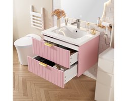 MIVRAY Badkamermeubel - Wandhangende Onderbouwkast Met Keramische Wastafel En 2 Lades - Voor Kleine Badkamer - MDF - Roze Wit - 60,5 Cm