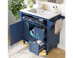 MIVRAY Badkamermeubel - Wastafelmeubel Met Keramische Wastafel En Soft-Close Lades - Voor Badkamer - MDF En Metaal - Blauw - 99,5x45x86 Cm