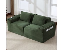 MIVRAY Bank 2-Zits Groen - Modulaire Zitbank Met Bekerhouders En Zijvakken - Voor Woonkamer En Appartement - Kordstof