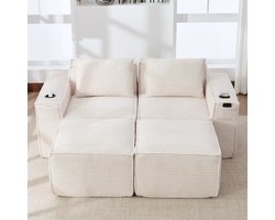 MIVRAY Bank 2-Zits - Modulaire Corduroy Zitbank Met 2 Hockers, Bekerhouders En Zijvakken - Voor Woonkamer En Appartement - Beige