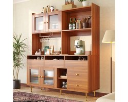 MIVRAY Barkast - Met Geribbeld Glazen Deur En Wijnrek - Multifunctionele Opbergruimte Voor Keuken En Eetkamer - 145x39x171 cm- MDF - Naturel