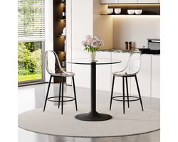 MIVRAY Barset 89 cm - Ronde Bartafel Met 2 Barkrukken - Voor Open Keuken En Barhoek - Glas Metaal Kunststof - Zwart Transparant
