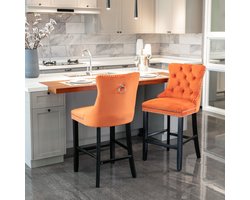 MIVRAY Barstoel Set Van 2 - Hoge Rugleuning Met Siernagels En Houten Poten - Voor Keuken En Eethoek - Fluweel Oranje