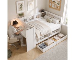 MIVRAY Bed 120x200 Cm - Functiebed Met Bureau, Kast En Laden - Zonder Matras - Voor Slaapkamer En Studiehoek - Hout En MDF - Wit