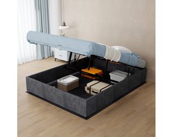 MIVRAY Bed 140x200 cm - Tweepersoons Bedframe met Gasveer en Opbergruimte - Zonder Hoofdbord en Zonder Matras - Stof en Metaal - Grijs