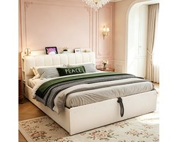 MIVRAY Bed 180x200 cm Zonder Matras - Houten Bed Met Hydraulische Opbergruimte en USB Aansluiting - Hoofdbord Met Opbergvakken en Nachtlichtaansluiting - Hout en Stof - Wit