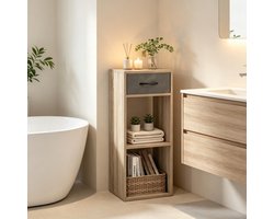 MIVRAY Boekenkast – Open Opbergkast Met Stoffen Lade – 32,4 X 30 X 80 Cm – Bewerkt Hout – Grijs En Licht Eiken – Voor Woonkamer Of Slaapkamer