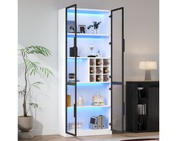 MIVRAY Boekenkast - Vitrinekast Met Glazen Deuren En Led - Voor Woonkamer Keuken En Wijnopslag - Spaanplaat En Glas - Wit - 80x35x200 Cm