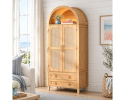 MIVRAY Buffetkast - Bogenvormige Hoge Kast Met Ledverlichting En Laden - Voor Woonkamer En Werkkamer - MDF En Spaanplaat - 76x40x179,5 Cm - Naturel