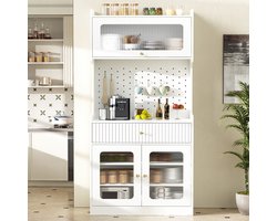 MIVRAY Buffetkast - Met LED Verlichting En Geribbeld Glas - Verstelbare Planken En Lade Voor Keuken En Eetkamer - Wit - 80x40x180 Cm