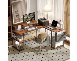 MIVRAY Bureau - L-Vormig Hoekbureau Met Monitorverhoger En Opbergrekken - Voor Kantoor En Gamen - Hout En Metaal - Bruin