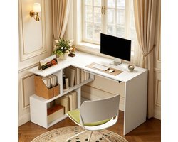 MIVRAY Bureau - L Vormig Hoekbureau Met Opbergrekken En Toetsenbordplank - Voor Thuiskantoor En Kleine Ruimtes - Spaanplaat - Wit - 120x100x76 Cm