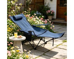 MIVRAY Campingstoel 160 x 84 x 88,5 cm - Verstelbare Rugleuning Met Uitschuifbare Voetensteun - Voor Camping En Strand - Oxford Stof En Staal Blauw