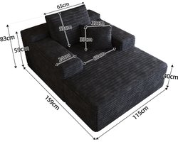 MIVRAY Chaise Longue 115 X 159 Cm - Zonder Montage - Met Hoge Veerkracht Schuim En Armleuningen - Voor Woonkamer En Slaapkamer - Ribstof Zwart