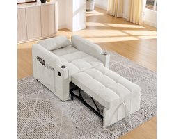 MIVRAY Chaise Longue 190 cm - 3-in-1 Slaapfauteuil Met Verstelbare Rugleuning En Bekerhouder - Voor Kleine Ruimtes - Hout Metaal Linnen Beige