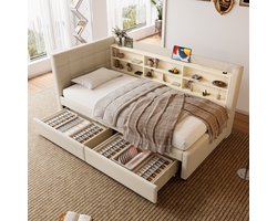 MIVRAY Daybed 90x200 Cm - Bed Met 2 Lades En Usb En Type C - Met Hoofdbord Met Vakken - Linnen - Beige - Zonder Matras