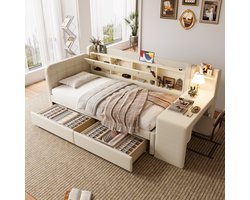 MIVRAY Daybed 90x200 Cm - Bed Met Bureau, Opklapvak En Usb Aansluitingen - Met 2 Lades - Linnen Mdf - Beige - Zonder Matras