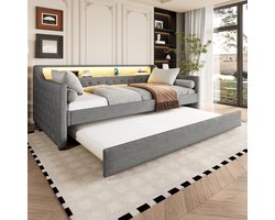 MIVRAY Daybed 90x200 Cm - Slaapbank Met Ledverlichting En Usb Aansluiting - Met Uittrekbed - Linnen - Grijs - Zonder Matras