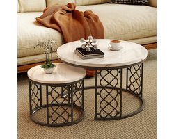 MIVRAY Design Salontafel Set - Tweedelige Salontafels Voor Woonkamer - Metaal Frame - Marmerlook Wit En Zwart