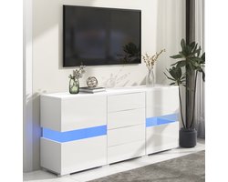 MIVRAY Dressoir - Hoogglans Front Met Ledverlichting En Appbediening - 2 Acryldeuren En 4 Lades Voor Woonkamer - MDF - Wit