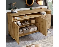 MIVRAY Dressoir - Lamellenfront Met 3 Laden En 2 Deuren - Voor Woonkamer En Hal - Hout Donkere Eik - 120x40x85 Cm