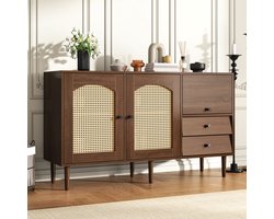MIVRAY Dressoir - Landelijke Stijl Met Rattan Deuren En Magnetische Sluiting - Verstelbare Planken Voor Woonkamer En Hal - Houtkleur - 130x40x75,5 Cm