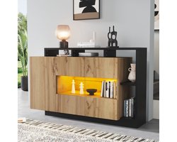 MIVRAY Dressoir - Led Verlichting Met Bluetooth Bediening - Open En Gesloten Opbergen Voor Woonkamer En Hal - MDF Houtkleur - 140x44x93,5 Cm