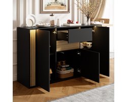 MIVRAY Dressoir Met 3 Deuren En 1 Lade, Verstelbare Ledverlichting, Zwart Met Natuur Houtlook, 140 X 40 X 82 Cm Voor Woonkamer En Hal