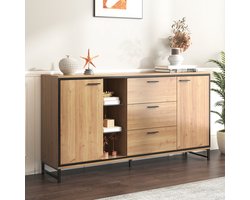MIVRAY Dressoir - Met LED Verlichting En 3 Laden - Voor Woonkamer En Eethoek - Houtlook Met Zwarte Accenten - 160x40x85 Cm