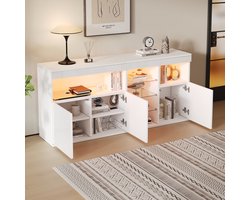 MIVRAY Dressoir Met LED Verlichting En Hoogglans Front - Wit Opbergmeubel Met 3 Deuren En Glasplanken - Voor Woonkamer - 155,5x35x72 Cm