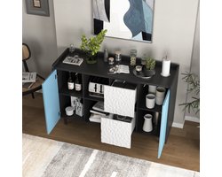 MIVRAY Dressoir - Met Open Vakken En 2 Laden - Voor Keuken Woonkamer En Werkkamer - MDF - Zwart En Blauw - 120x40x80 Cm