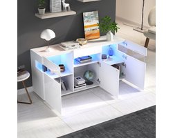 MIVRAY Dressoir - Wit Hoogglans Met LED Verlichting En Transparant Acryl - 3 Deuren En 7 Opbergvakken - 140x40,5x66,5 Cm