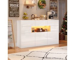 MIVRAY Dressoir Witte Hoogglans Met Led Verlichting En 3 Laden En 5 Vakken Voor Woonkamer Hout 140 X 30 X 82 Cm