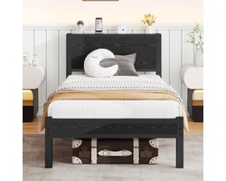MIVRAY Eenpersoonsbed 90x200 cm Zonder Matras - Met Opberg Hoofdbord en Voetbord - Zonder Boxspring - Metaal en MDF - Zwart