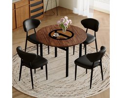 MIVRAY Eethoek 100 cm - Ronde Eettafel met 4 Stoelen - Voor Eetkamer en Keuken - MDF Glas Metaal en PU-Leder - Bruin Zwart