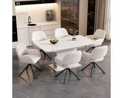 MIVRAY Eethoek 7-Delig - Uitschuifbare Eettafel Met 6 Stoelen En Opbergruimte - Voor Eetkamer - Spaanplaat Wit