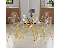 MIVRAY Eethoek Set 88 cm - Ronde Eettafel Met 4 Stoelen - Voor Kleine Eetkamer En Keuken - Glas Metaal Kunststof Goud Transparant
