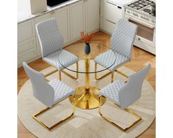 MIVRAY Eethoekset 85 cm - Ronde Glazen Tafel met 4 Eetkamerstoelen - Voor Eetkamer en Horeca - Metaal PU-leer